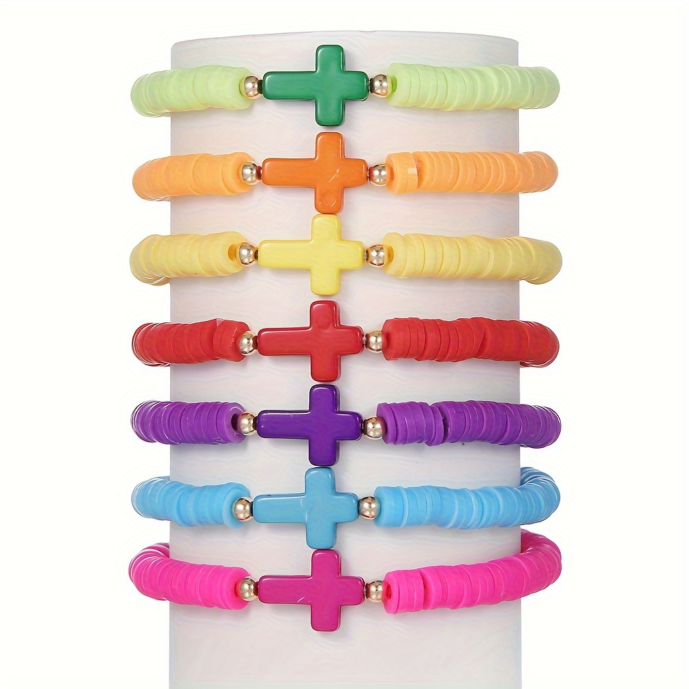 Boho 7pcs Polymer Clay Bracelet Set with Cross Charm - Colorful Beaded Elastic